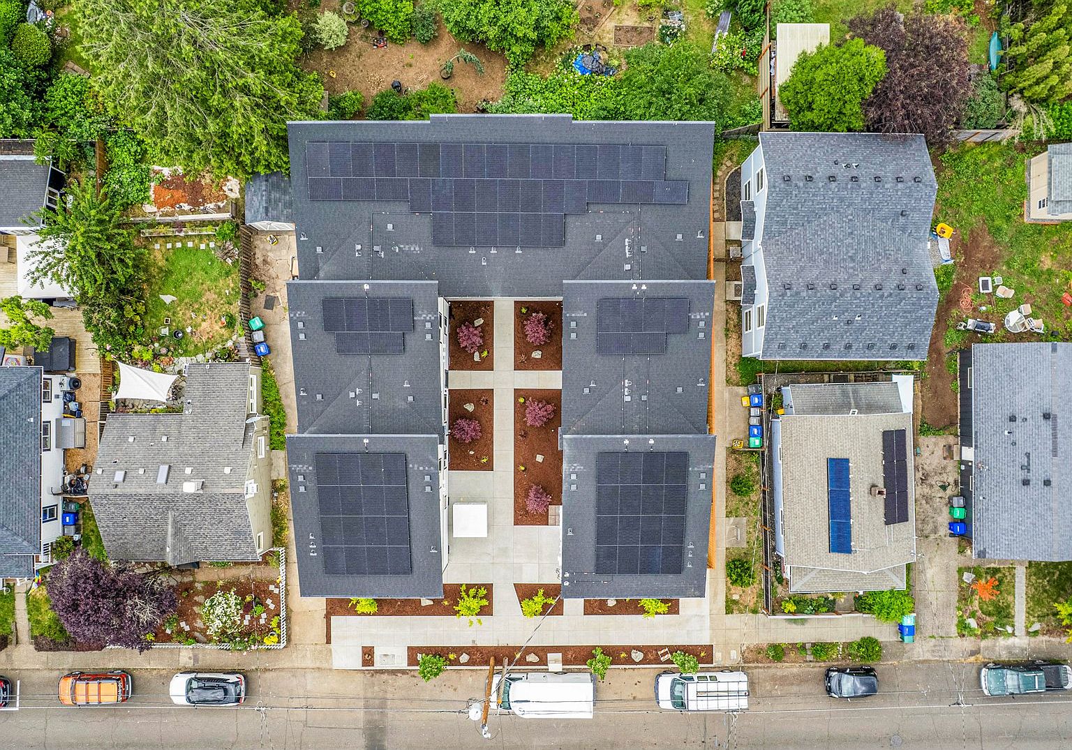 Top-down aerial showing rooftop solar