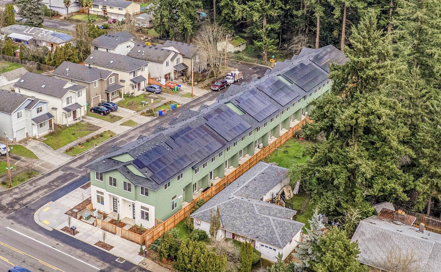 Aerial view showing rooftop solar panels