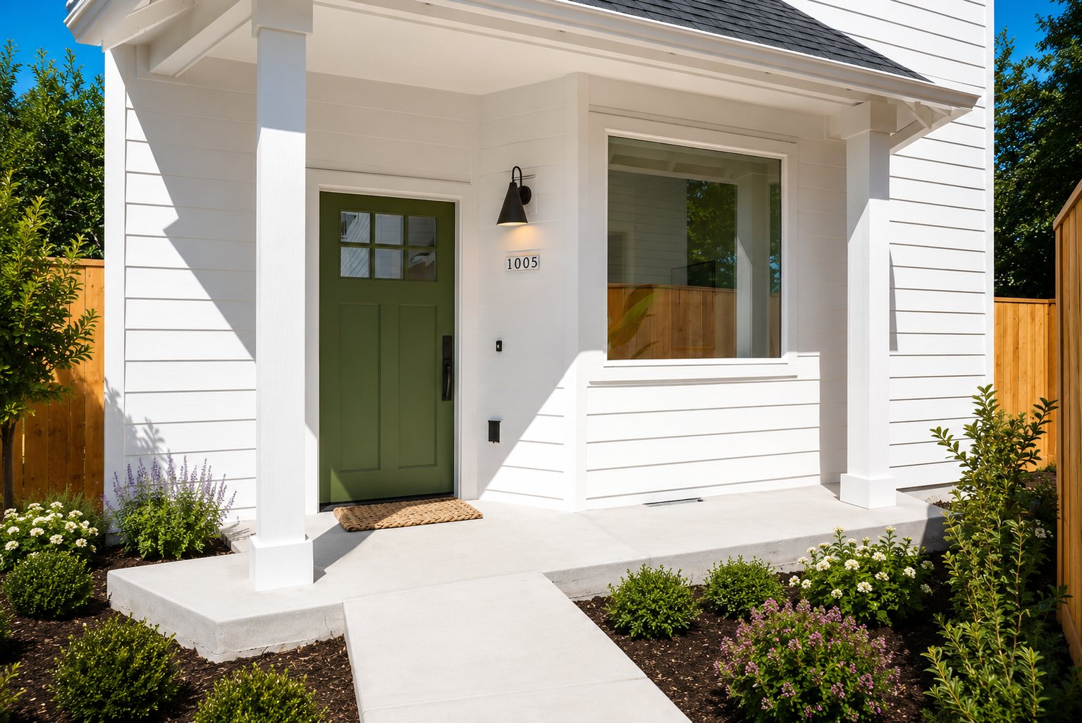 Front porch with green door and covered entry