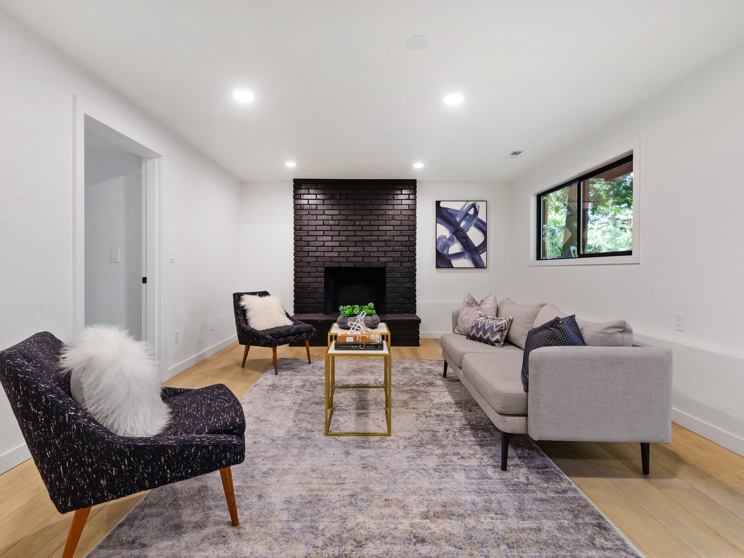 Lower family room with fireplace