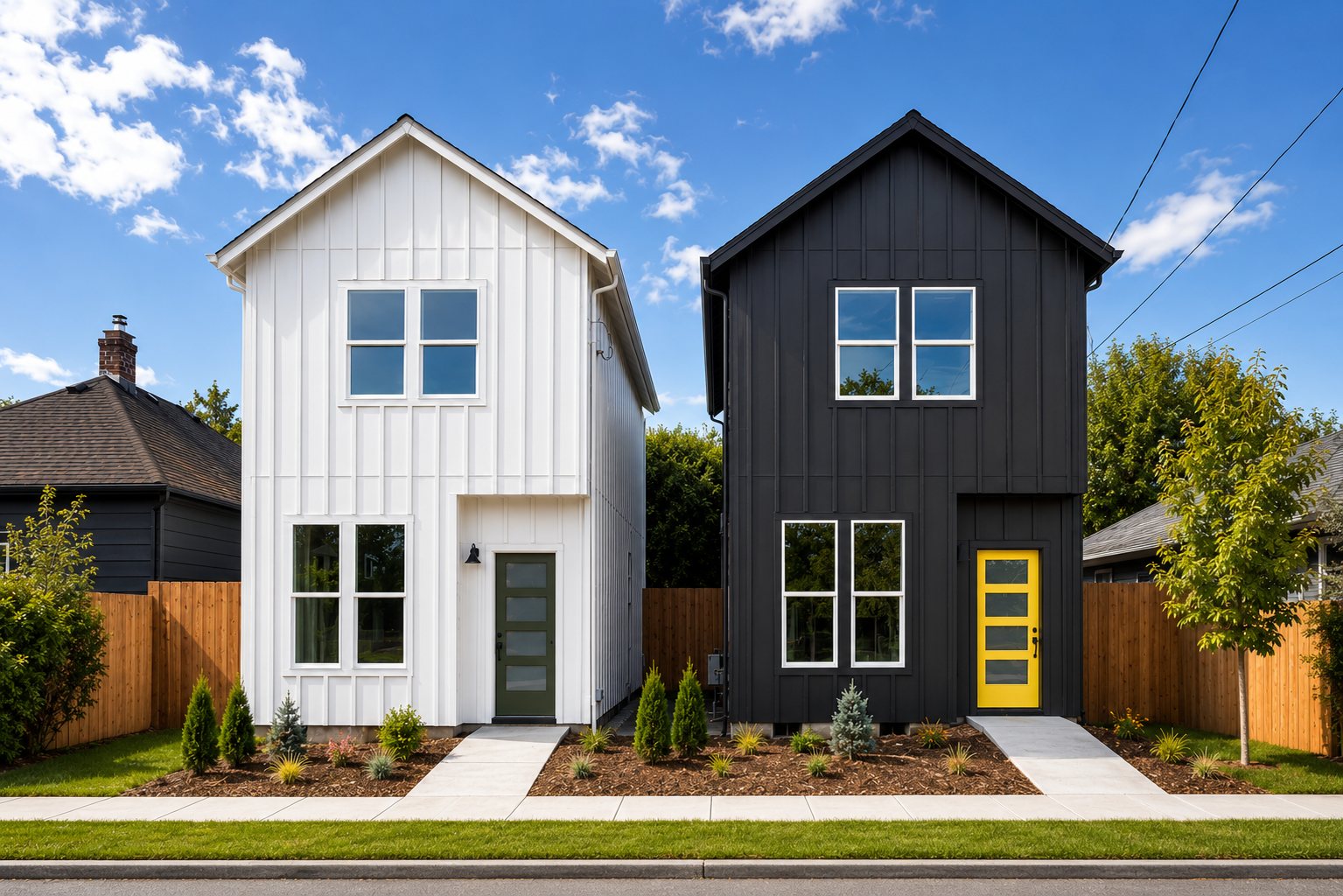Modern board-and-batten cottage exterior, new construction in South Tabor, SE Portland