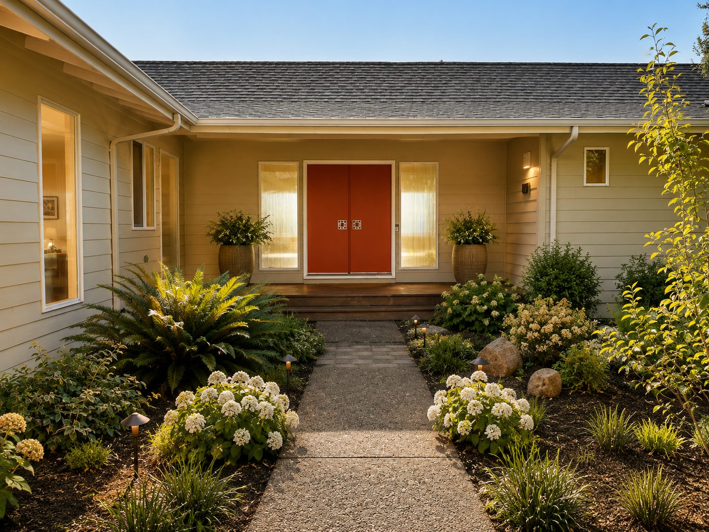 Mid-century ranch exterior with orange front door and landscaped entry, SW Portland