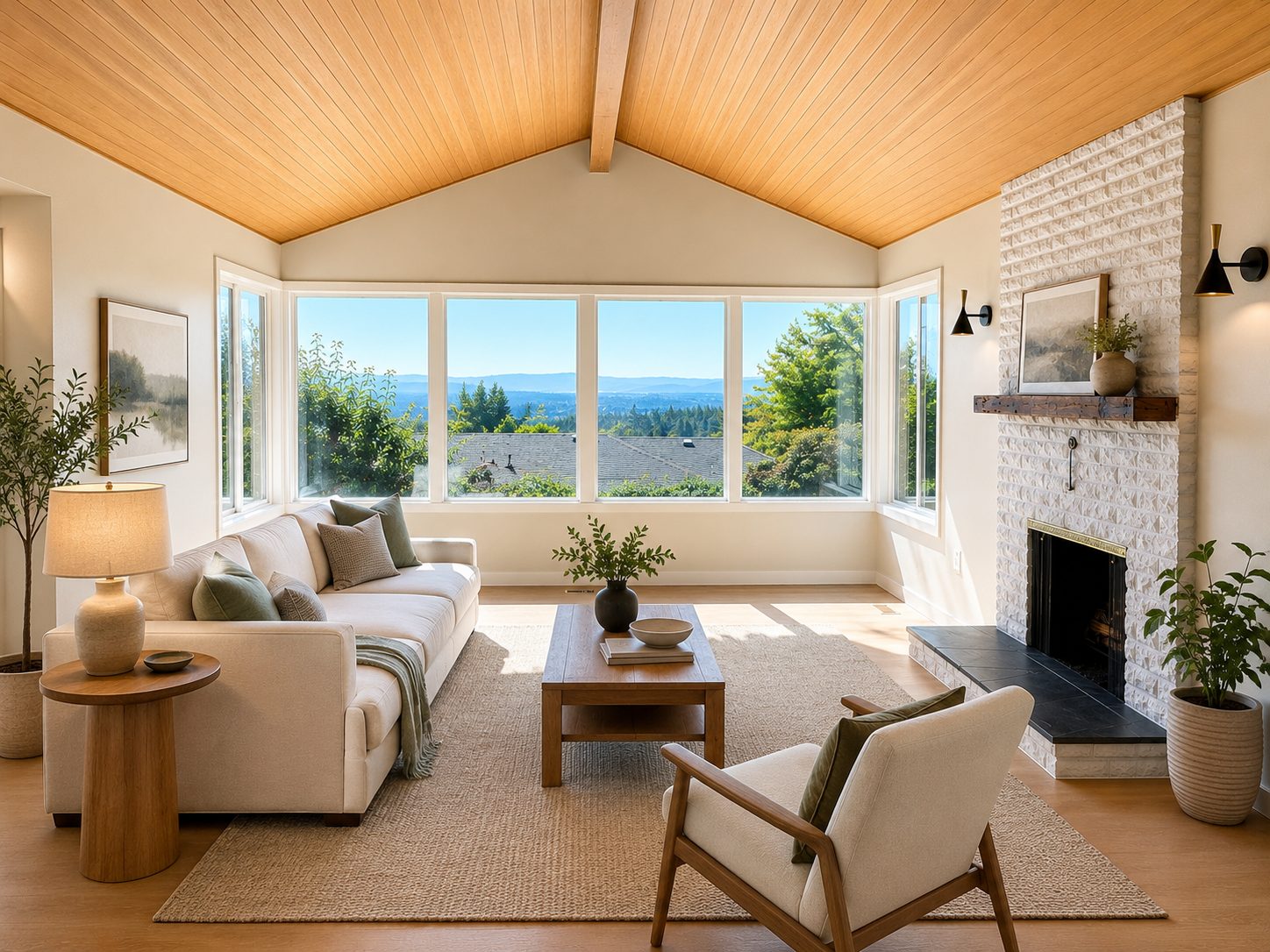 Living room with vaulted wood ceiling, white brick fireplace, and panoramic view