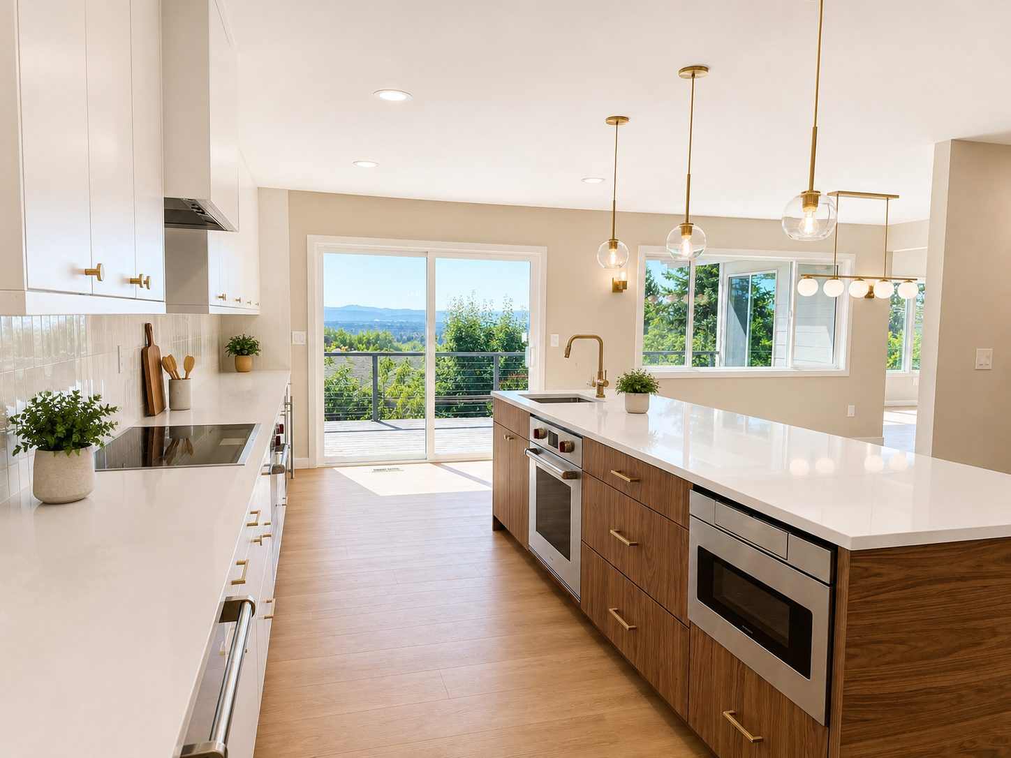 Kitchen with walnut island, built-in ovens, and hillside view windows
