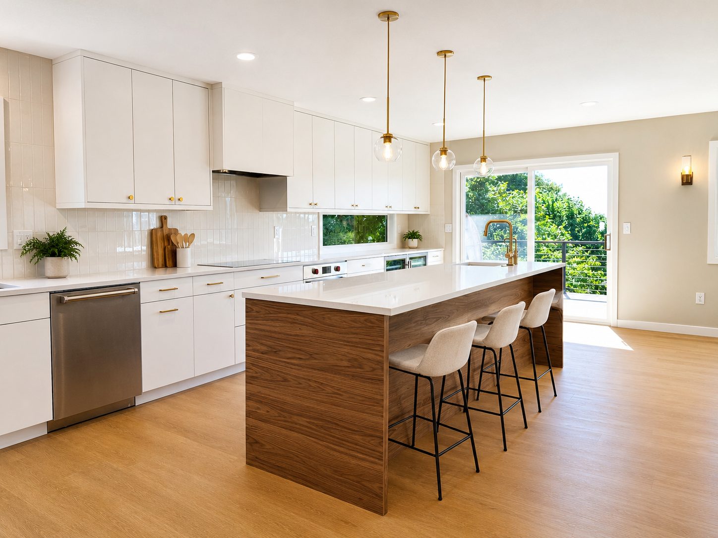 Kitchen with white cabinets, walnut waterfall island, and gold pendant lighting