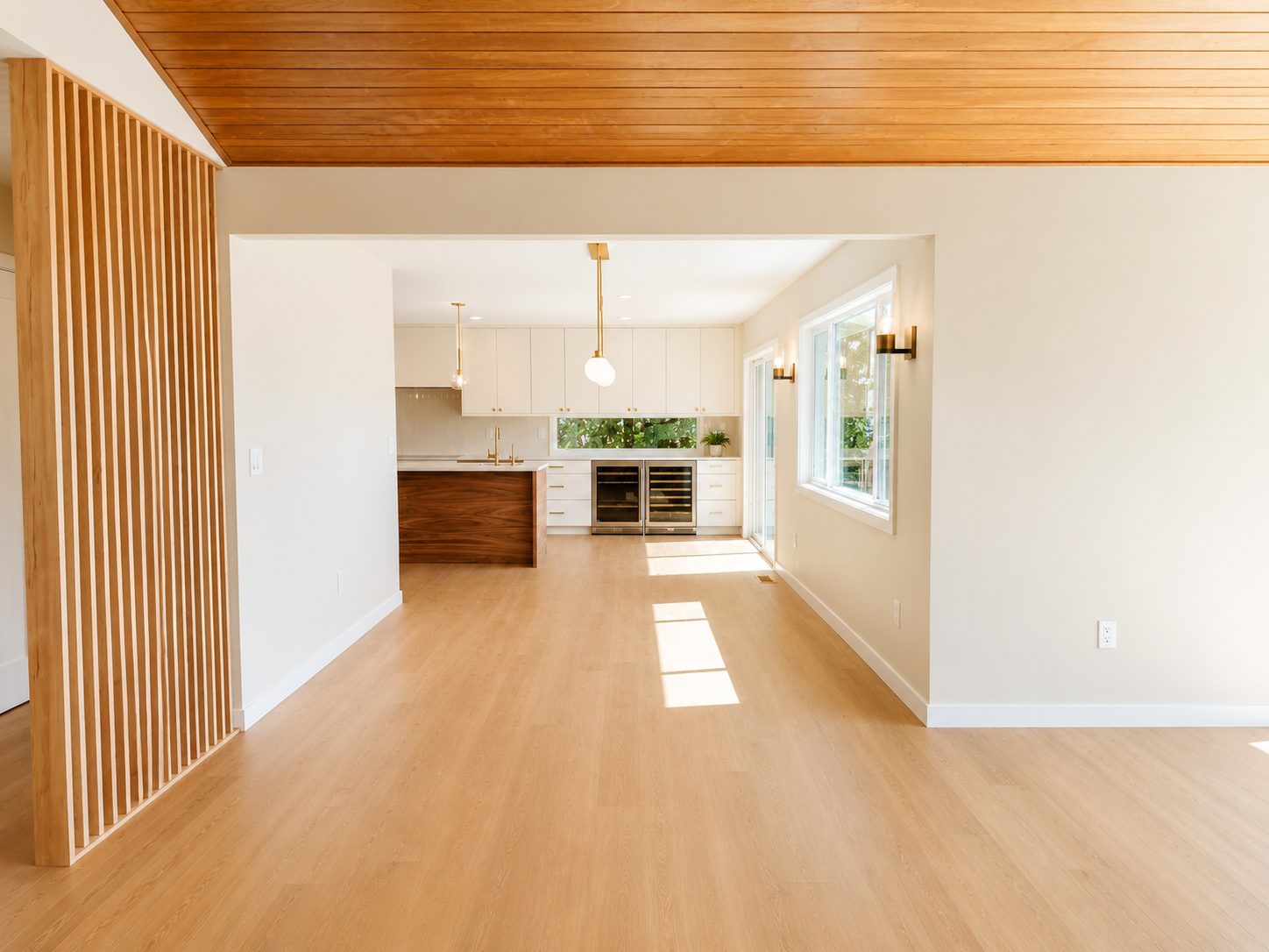 Open dining and great room with wood ceiling and slat partition