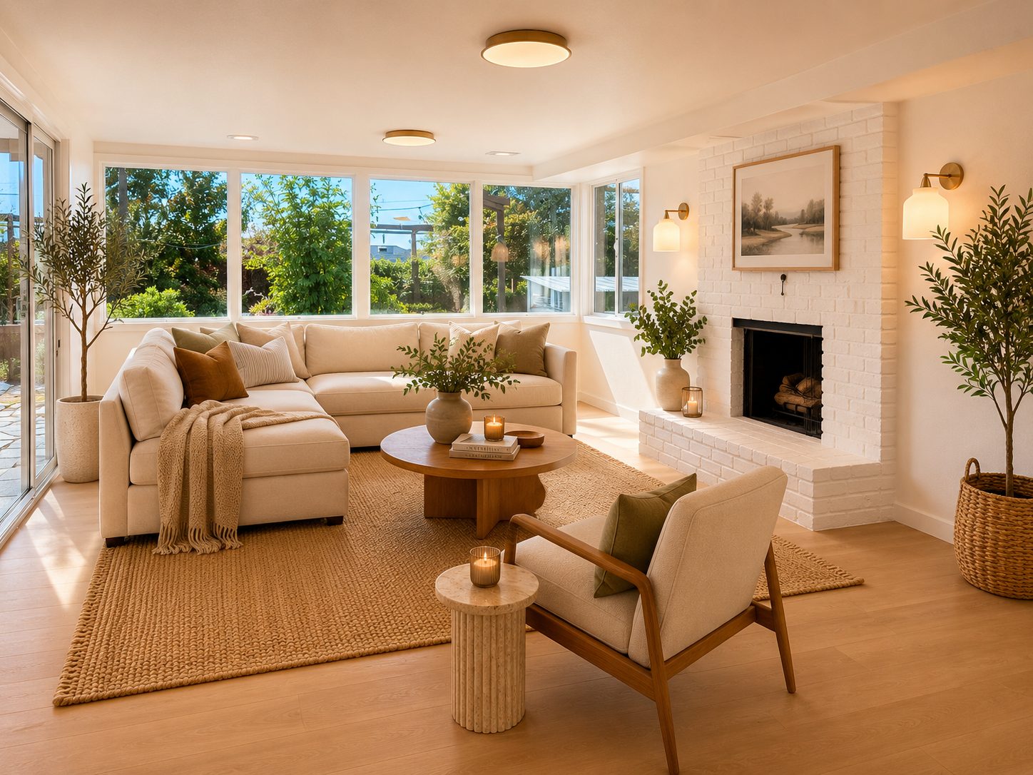Second living area with sectional, white brick fireplace, and garden windows