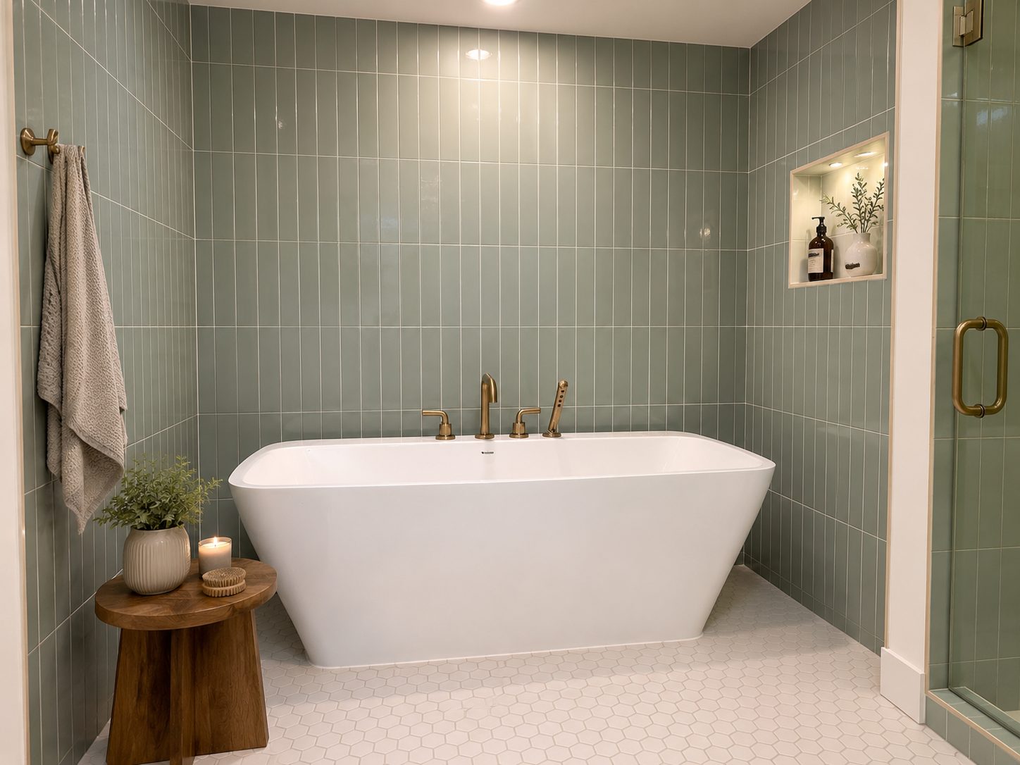 Bathroom with green vertical tile, freestanding soaking tub, and brass fixtures