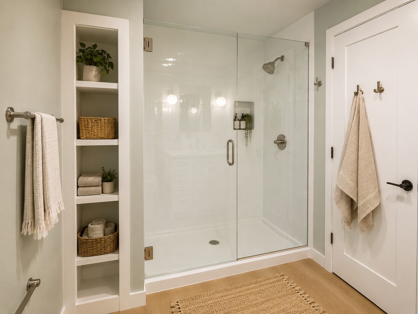 Bathroom with glass walk-in shower and built-in niche shelving