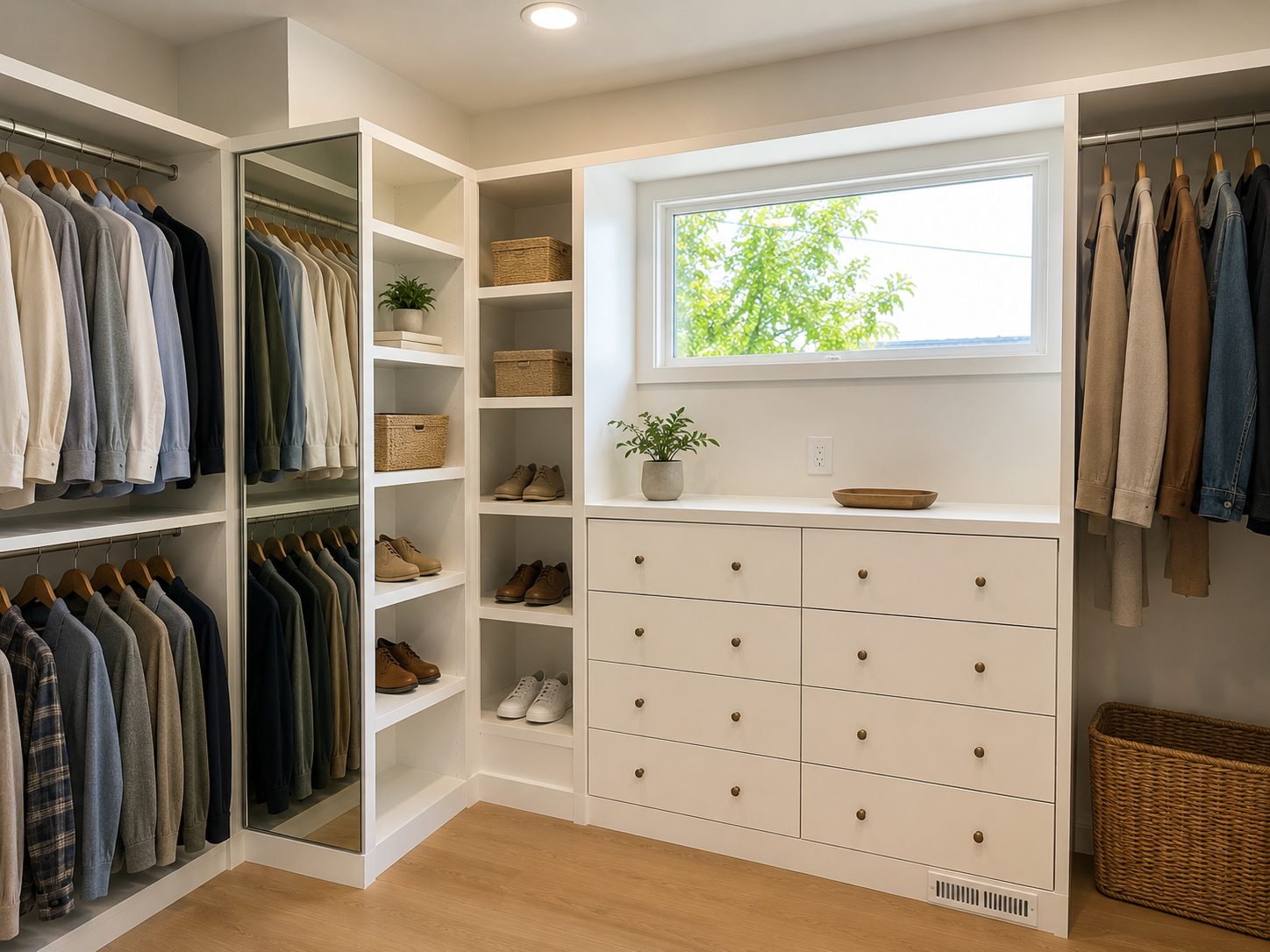 Custom walk-in closet with white built-in cabinetry