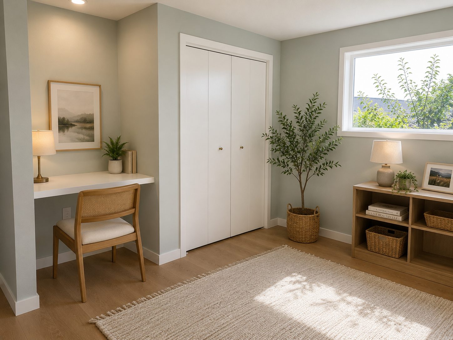Light-filled home office with built-in desk and sage walls