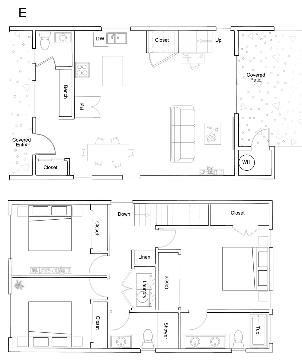 Tabor Grove Unit E floor plan, main and upper floors