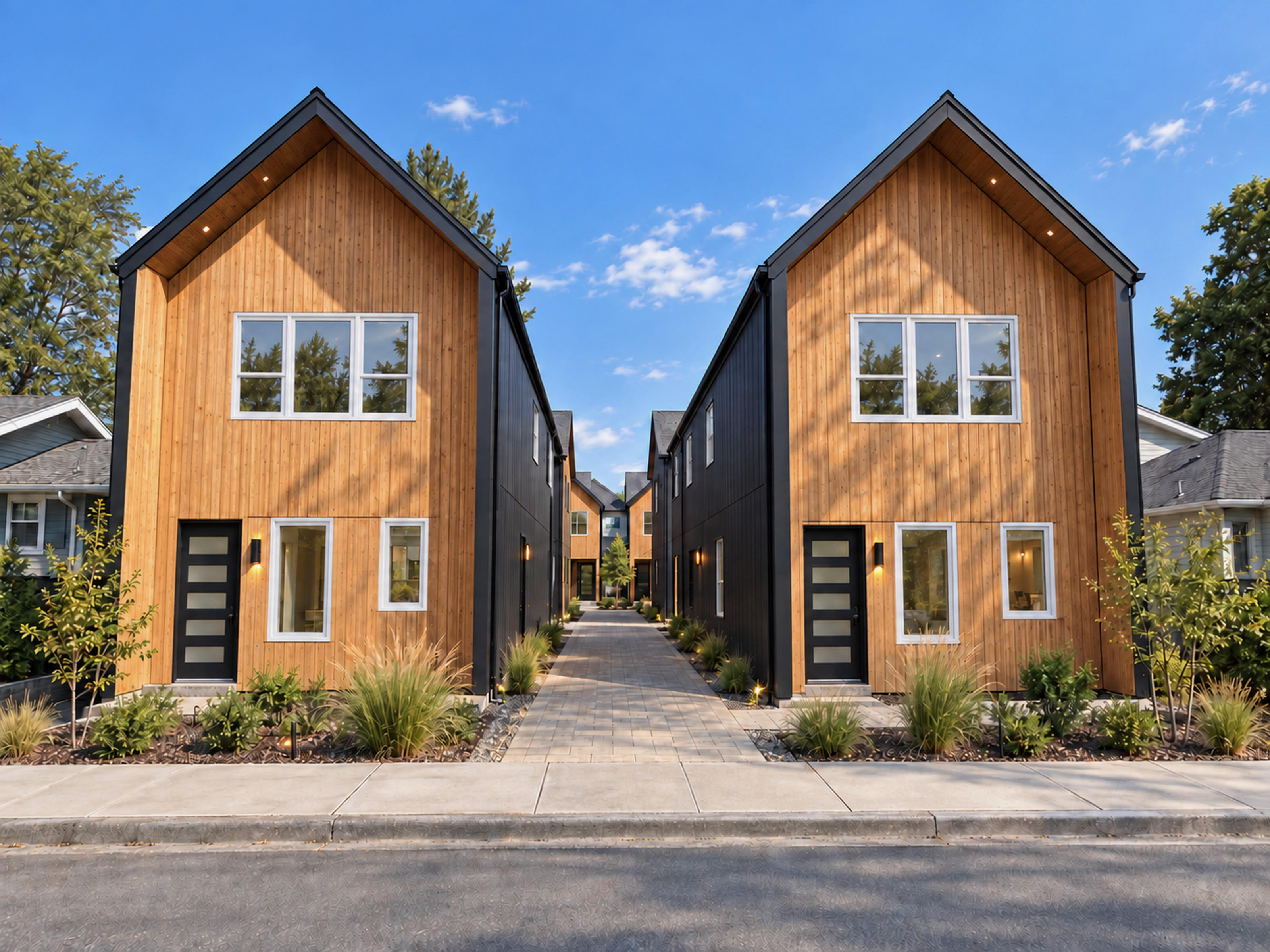 Tabor Grove Cottages: two-story cottages with natural wood and black board siding along a landscaped walkway, SE Portland